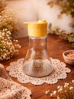 Vintage Glass Syrup Dispenser Yellow Lid Gold Atomic Starburst Retro Kitchen